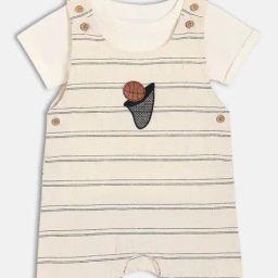Miniklub Boys Beige Knitted Striped Dungaree with T-Shirt-picture-1