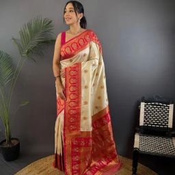 Elora Cream Silk Zari Banarasi Saree With Unstitched Blouse-image-89