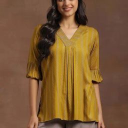 Libas Mustard Woven Pattern A Line Short Kurti-30