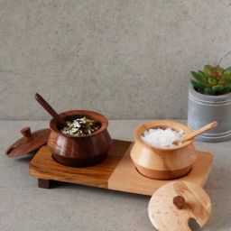 Unravel India New Brown Sheesham Wood Jar with Spoon & Tray - Set of 5-24