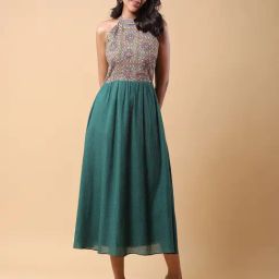 aarke Ritu Kumar Green Embroidered Midi A-Line Dress-image-1