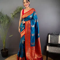 Elora Blue Silk Woven Design Banarasi Saree With Unstitched Blouse-picture-16