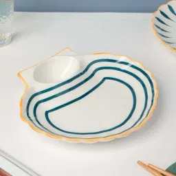 Nestasia White and Blue Nitori Ceramic Shell-Shaped Striped Plate with Section for Snacks (8.6 Inch)-26