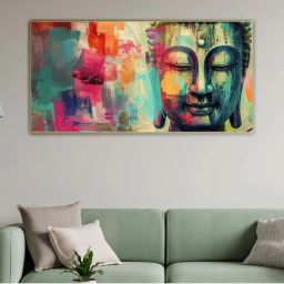 Nestroots Multicolor Canvas Buddha Head A Colorful Serenity Wall Painting - Gold Floating Frame image 1