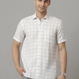 Linen Club Grey Linen Regular Fit Checks Shirt-image-126