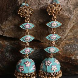 Aatmana Green & Meenakari Enamel Pink Floral Long Jhumki Earrings for Women-13
