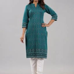 Juniper Teal Geometric Printed Woolen Straight Kurta-image-21