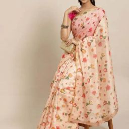 Silk Land Peach Floral Print Saree With Unstitched Blouse-image-37