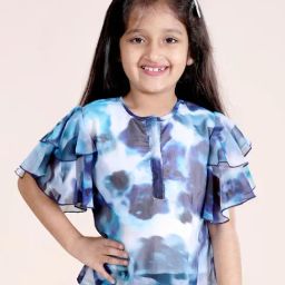 Kiddopanti Girls Blue Abstract Frill Layered Sleeves Printed Top-image-1
