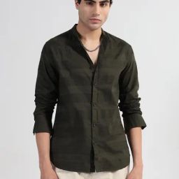 SHOWOFF Green Slim Fit Stripes Shirt-image-84