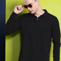 Hancock Black Cotton Slim Fit Solid Polo T-Shirts-image-36