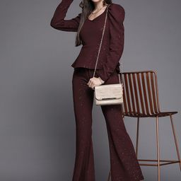 SASSAFRAS Women Burgundy Solid Slim Fit Shimmer Twisted Bootcut Trousers-image-27