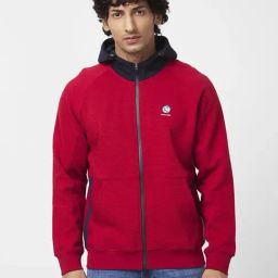 Spykar Red Regular Fit Self Pattern Hooded Sweatshirt-4