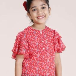 Kiddopanti Girls Red Frill Layered Sleeves Printed Top-image-40