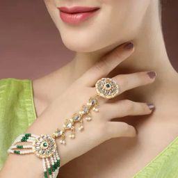 NVR Women's Green Gold-Plated Stone Studded Handcrafted Ring Bracelet-43