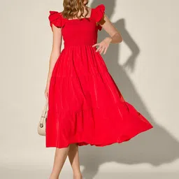 QIOA Women Solid Square Neck Flutter Sleeves Smocked Crepe A-Line Maxi Dress-9