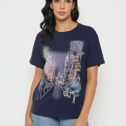Madame Navy Cotton Regular Fit Printed T-Shirt-picture-47