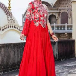 Scakhi Red Georgette Gathered Party Gown With Applique And Heavy Embellishment-image-40