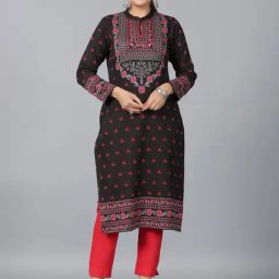 Juniper Black Floral Printed Woolen Straight Kurta-image-2