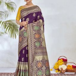 Monjolika Fashion Purple Banarasi Silk Blend Woven Work Tussles Saree Unsttiched Blouse Piece-image-43