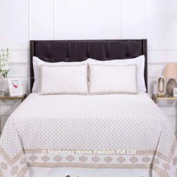 Shahenaz White & Golden 120 TC Cotton Jia Booti Luxury Double Bedsheet with 2 Pillow Covers-image-72
