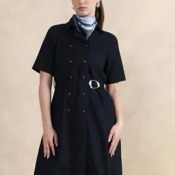 RAREISM Navy Cotton Blend Solid Short Sleeves Dress-image-41