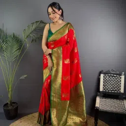 Elora Red Silk Woven Design Banarasi Saree With Unstitched Blouse-picture-17