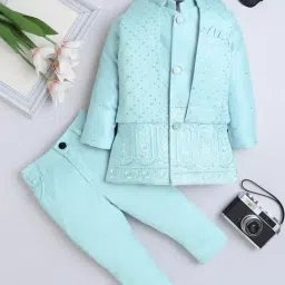 Fourfolds Kids Pastel Blue Embroidery Three Piece Suit Set-picture-44