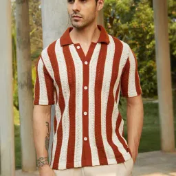 Campus Sutra Brown Polycotton Regular Fit Stripes Shirt-image-91