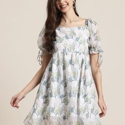 HERE&NOW Printed Puff Sleeve A-Line Mini Dress-image-72