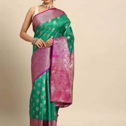 Silk Land Green Silk Woven Saree With Unstitched Blouse-picture-3