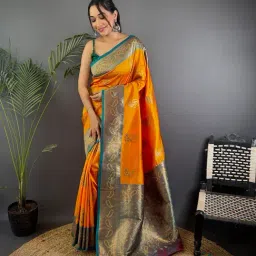 Elora Orange Silk Woven Design Banarasi Saree With Unstitched Blouse-picture-9