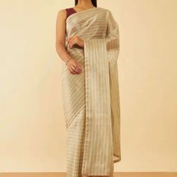 Taneira Beige Striped Saree With Unstitched Blouse-picture-42