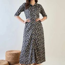 The Kaftan Company Black Viscose Regular Fit Floral SleepwearRobes-image-19