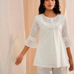 Libas White Cotton Embroidered A Line Short Kurti-image-65