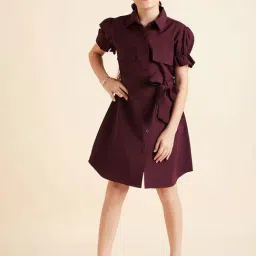 Cherry & Jerry Girls Burgundy Solid Shirt Knee Length Dress-picture-1