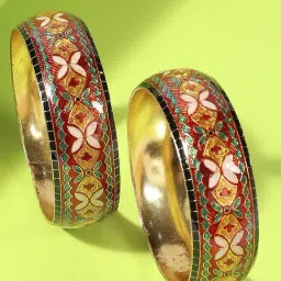 Oomph Red & Green Meenakari Floral Design Brass Bangles - Set of 2-image-60