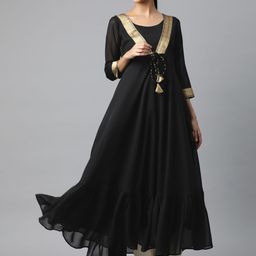 MBE Women Black Solid Zari Detail Anarkali Kurta-29