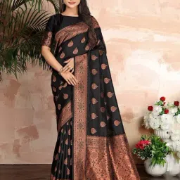 Monjolika Fashion Women's Black Silk Blend Woven Zari Banarasi Saree Woven Unstiiched Blouse Piece-picture-19