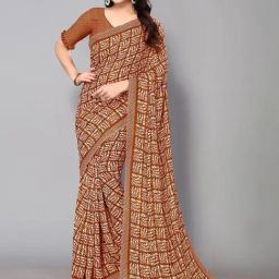 Satrani Rust Printed Saree With Unstitched Blouse-image-67