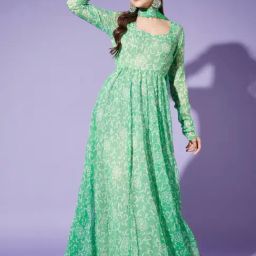 Cation Green Floral Print Anarkali Kurta With Dupatta-image-17