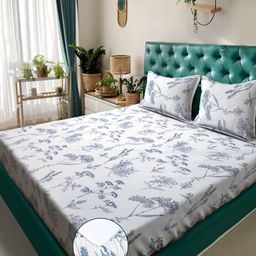 Myntra Elegant Homes Off White & Blue Printed Fitted 300TC King Bedsheet Set 2.70m x 2.70m-image-96