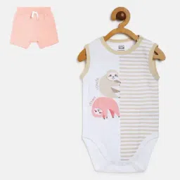 MINIKLUB Kids White & Beige Printed Bodysuit with Shorts-picture-12
