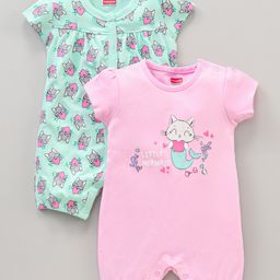 Babyhug 100% Cotton Half Sleeves Romper Kitty Print Pack of 2 - Light Blue Pink-image-71