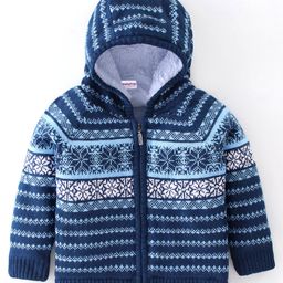Babyhug Knit Full Sleeves Hooded Sweater Snow Flakes Design - Navy Blue-image-51