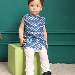 Polka Tots 100% Super Soft Cotton Sleeveless Car Printed Kurta Pajama Set - Navy Blue-image-78