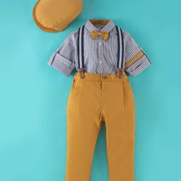 ToffyHouse 100% Woven Cotton Full Sleeves Striped Shirt with Trouser Bow & Suspenders - Yellow Gold & Grey-image-29