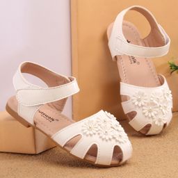 Cute Walk by Babyhug Velcro Closure Peep Toes with Floral Applique - White-image-16