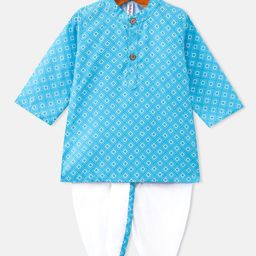 Babyhug Cotton Woven Full Sleeves Kurta & Dhoti Set Square Print - Blue & White-image-65