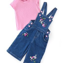 Babyhug 100% Cotton Knit Half Sleeves T-Shirt & Dungaree With Floral Embroidery - Pink & Navy Blue-picture-11